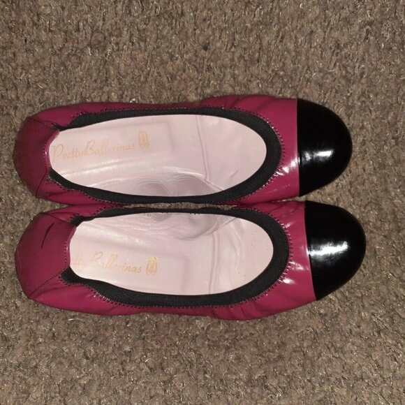 PRETTY BALLERINAS-SHIRLEY-Ballet Flats-Fuchsia w/Black Cap Toe Patent-Sz 38-EX - Picture 6 of 7